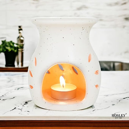 Hosley Elegant Ceramic Oil Warmers with Leaf Pattern and Speckle Design 4.5 Inches High Tealight Compatible for Aromatherapy and Home Decor Set of 3
