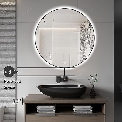 24" Round LED Bathroom Mirror, Wall Mounted Backlit Vanity Mirror with 45° Beveled Frame Lighted Mirror for Bedroom, Fog Free 3-Color Dimmable Lights Memory Function, Black