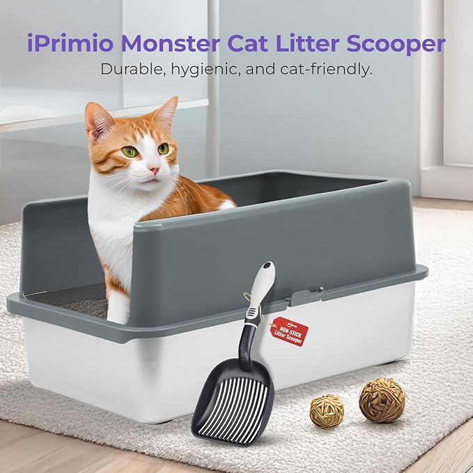 iPrimio Cat Litter Scoop Metal w/ Deep Shovel, Black - Non Stick Plated Aluminum Cat Litter Scooper with Holder - Litter Box Scooper - Metal Cat Litter Scoop - Patented Sifter w/ Holder - Solid Handle-Mewly Pet