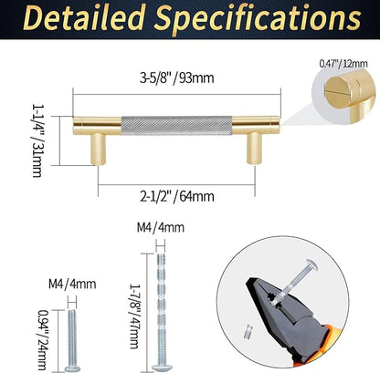 Knurled Cabinet Pulls 2 Pack, 3.5 Inch Long Cabinet Handles Metal Door Pulls, Kitchen Drawer Pull Knurled Dresser Handles - 2 1/2" Hole to Hole, Grey & Gold