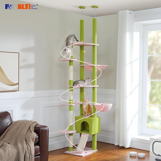 PEQULTI Tall Cat Tree Floor to Ceiling Cat Tower Adjustable Height (90.5''-100.4'' = 230cm-252cm) with Cat Condo, Cozy Hammock and Scratching Post, Pink Flower Climbing Tree for Indoor Cats, Pink-Mewly Pet