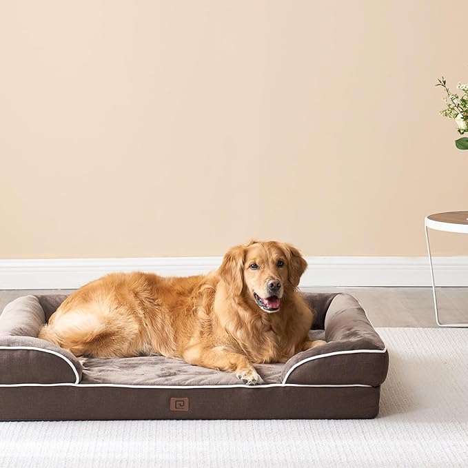 EHEYCIGA Orthopedic Dog Bed for Medium Dogs, Waterproof Memory Foam Medium Dog Beds with Sides, Non-Slip Bottom and Egg-Crate Foam Pet Couch Bed with Washable Removable Cover, Brown-Mewly Pet