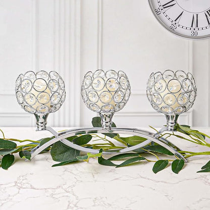 Crystal Tealight Candle Holder Centerpiece Home Decorative Candlestick Holder Elegant Table Centerpiece Home Decor Wedding Party Anniversary (Silver, 3 Arm of 4 Pcs)