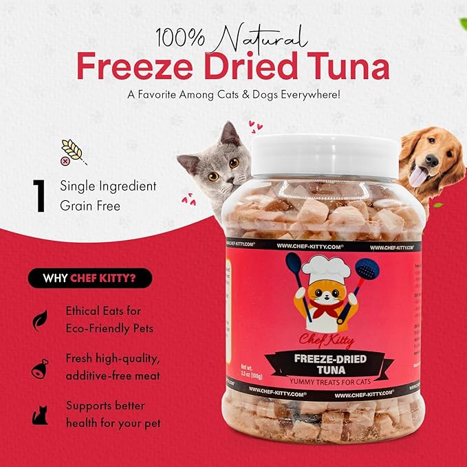 Freeze-Dried Tuna Treats for Cats & Dogs – 100% Wild Caught, Single Ingredient, High-Protein, Healthy Snack – No Additives or Preservatives – 7.4oz - Inspected & Tested in USA-Mewly Pet