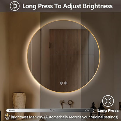 Niccy Round Led Mirror for Bathroom, 32" Backlit Mirror for Wall Circle Lighted Mirror with Gold Frame Anti-Fog, 3 Colors, HD Glass and IP65 Waterproof