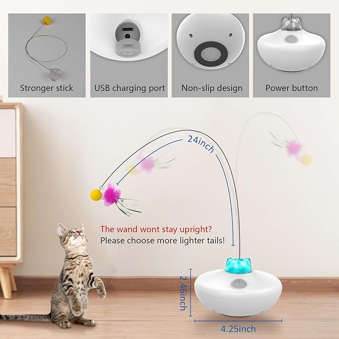 Interactive Cat Toys Cat Exercise Tumbler, Rechargeable Cat Toys for Indoor Cats Spin Butterfly Game Teasing Kitty, Extra Long Feather Wand (P33 cat Toys)-Mewly Pet