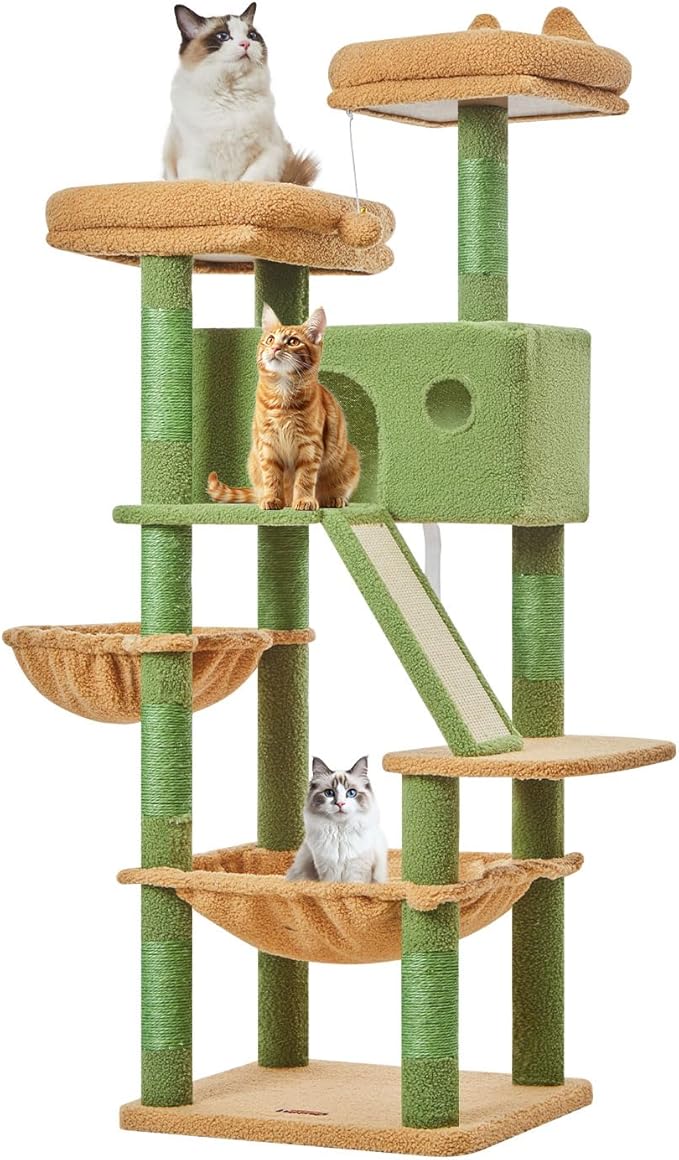 Taoqimiao Cactus Cat Tree, 57.5-Inch Cat Tower for Indoor Cats Large Adult, Extra Large Cat Condo, 8 Sisal Scratching Posts, Metal Frame Cozy Hammock, Durable Scratch Board, 2 Top Perches, MSC026-Mewly Pet