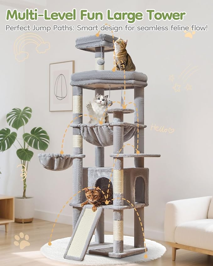 Taoqimiao 72 Inches Cat Tree for Large Cats, Multi-Level Tall Cat Tower, Widened Cat Condo with Large Scratch Board, 5 Scratching Posts, Metal Hammcock, Cozy Basket, Light Gray, MS045W-Mewly Pet