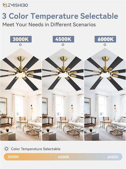 ZMISHIBO 72 inch Black and Gold Ceiling Fans with Lights and Remote, Indoor/Outdoor Ceiling Fan for Patio Living Room, 6 Speed Reversible Quiet DC Motor, 3 CCT, Dual Finish Blades