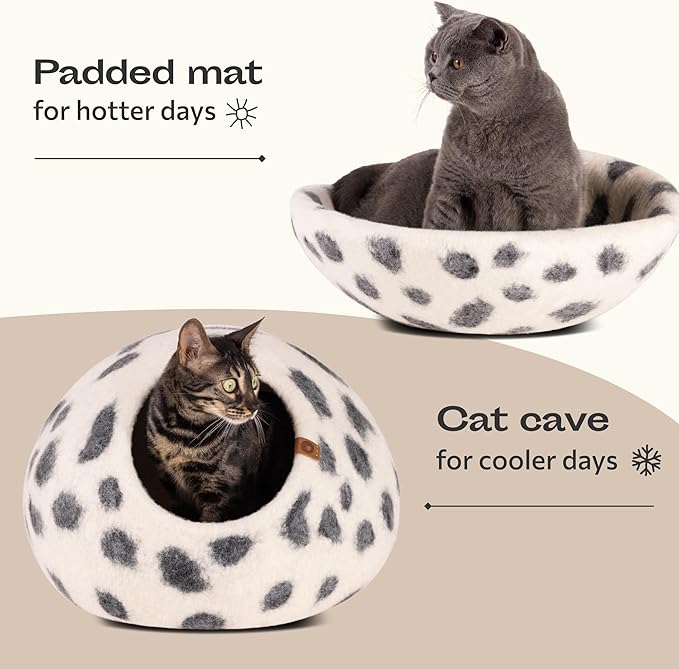 MEOWFIA Cat Cave – Premium Felt Cat Bed for Indoor Cats, Handmade 100% Merino Wool (Large, Snow Leopard)-Mewly Pet