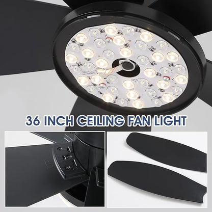 Ceiling Fans with Lights-36 Low Profile Ceiling Fan with Light and Remote/APP Control,Flush Mount,DC Reversible,LED Dimmable Blakc Ceiling Fans for Bedroom,Indoor/Outdoor Patio Use