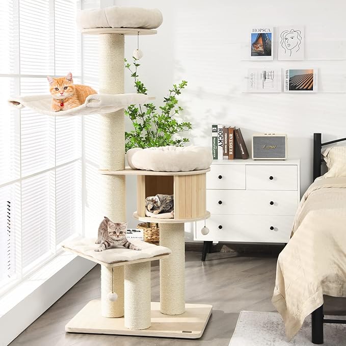 PETSITE 68.5" Tall Cat Tree, Multi-Level Modern Cat Tower with Sisal Scratching Posts, Top Perch, Cat Condo, Hammock, Jingling Balls, and Washable Cushions, Cat Tree Tower for Indoor Cats Large Adult-Mewly Pet
