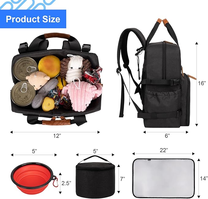 Modoker Dog Travel Bag, Airline Approved Backpack for Pet Accessories Organizer, Tote Weekend Bag with 2 Dog Food Storage Containers, 2 Collapsible Bowls, 1 Pet Mat, Black-Mewly Pet