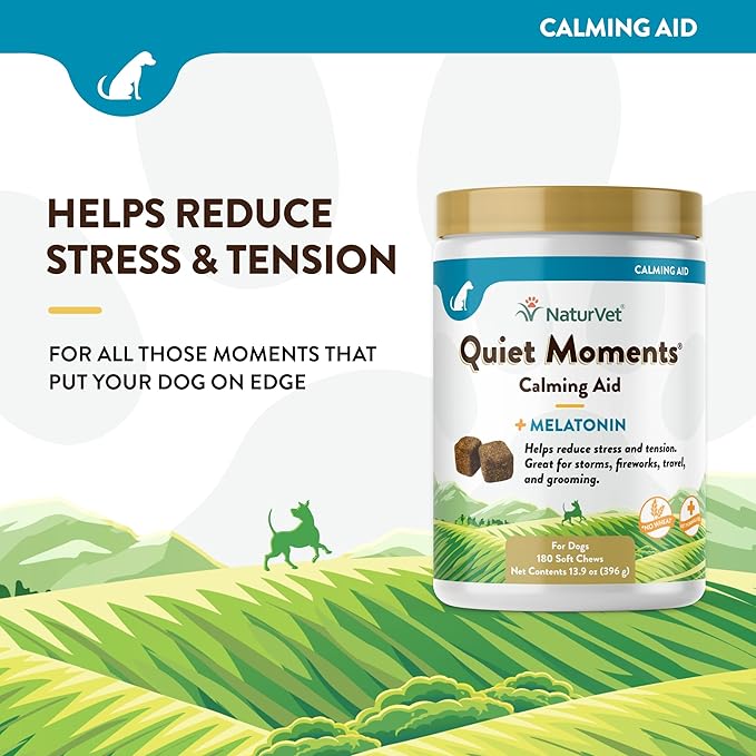 NaturVet Quiet Moments Calming Dog Supplement, Dog Soft Chews with Melatonin to Help Reduce Stress from Storms, the Vet, Fireworks, and Travel, Bacon and Chicken Flavored Pet Supplement, 180 Count Jar-Mewly Pet