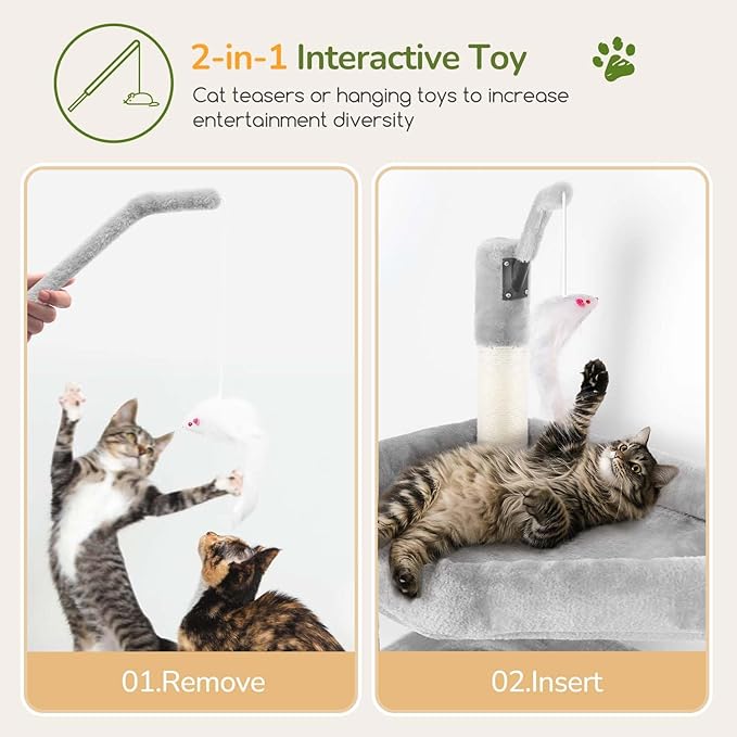 Globlazer Large Cat Tree Tower, Tall Cat Tree Condos for Indoor Cats Large Adult Cat Climbing Tower with 2 Spacious Caves, Oversized Top Perch, Big Hanging Basket, Cat Teaser Wand, F74B, Light Grey-Mewly Pet