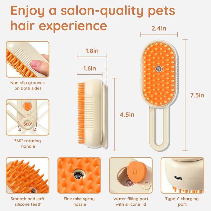 GKZ Cat Steam Brush, 3 in 1 Pet Comb for Massage, Cleaning, Shedding and Combing, Electric Mist to Prevent Flyaways for Home, Dogs and Cat Lovers - Khaki-Mewly Pet