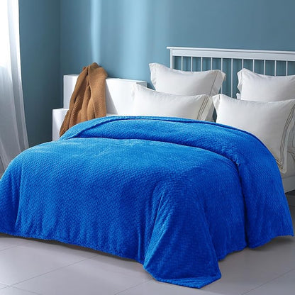 Exclusivo Mezcla Fleece Queen Size Blanket for Bed, 90x90 Inches Soft Cozy Jacquard Flannel Blankets, Lightweight Fuzzy Plush Warm for Winter, Cobalt Blue