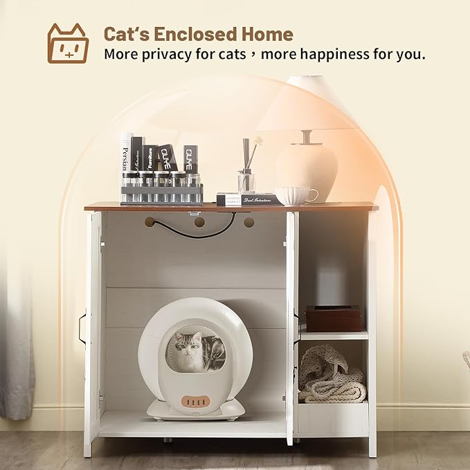 Cat Litter Robot Enclosure,for Placing Litter Robot 3/4,Power Outlet and Dog-Proof Shelf for Litter Robot Cabinet,Litter Collector for Automatic Litter Box Enclosure,Antique White-Mewly Pet