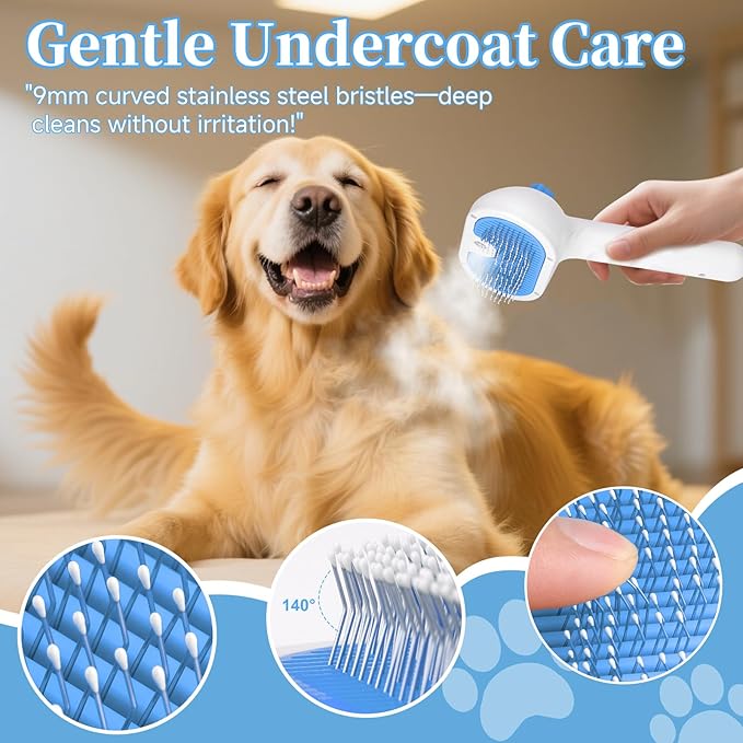 Pet Steam Brush for Dog & Cat - 3-in-1 Steam Grooming Brush for Shedding & Hair Removal - Self Cleaning Spray Comb with Mist for Long Haired Pets - Includes 1*Waterless Shampoo, Blue-Mewly Pet