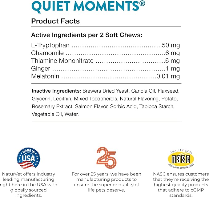 NaturVet Quiet Moments Calming Aid Cat Supplement Plus Melatonin – Helps Reduce Stress in Cats – for Pet Storm Anxiety, Motion Sickness, Grooming, Separation, Travel – 50 Ct. Soft Chews-Mewly Pet