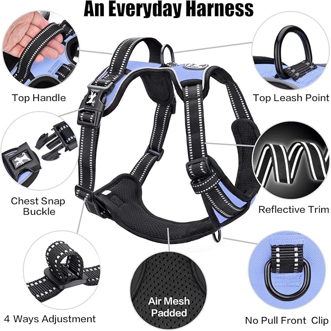 PoyPet No Pull Dog Harness, Reflective Comfortable Vest Harness with Front & Back 2 Leash Attachments and Easy Control Handle Adjustable Soft Padded Pet Vest for Small to Large Dogs (Light Blue,XS)-Mewly Pet