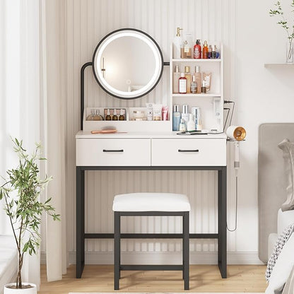 Vabches Makeup Vanity with Round Mirror and Lights, White Vanity Makeup Table with Charging Station, Small Vanity Table for Bedroom, 3 Lighting Modes, 31.5in(L)