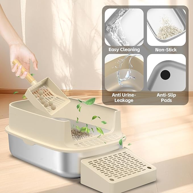 Stainless Steel Cat Litter Box with Lid, 3 in 1 Removable Litter Box for Big/Multiple Cats, High Sides Kitty Litter Pan, Leak-Proof XL Extra Large Enclosed Metal Litter Pan Easy Clean with Scoop & Mat-Mewly Pet