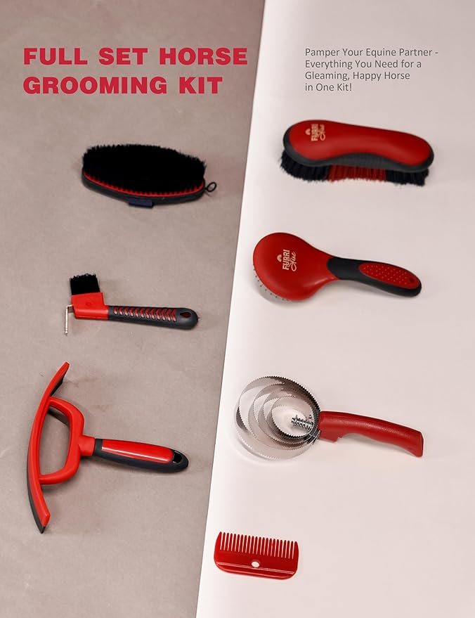 9PCS Horse Grooming Kit Curry Comb Sweat Scraper Horse Bathing Supplies Grooming Tools with Storage Bag Shadowberry-Mewly Pet