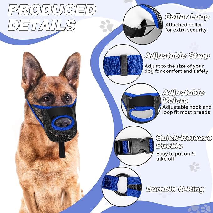 Dog Muzzle, Soft Air Mesh Muzzle for Small Medium Large Dogs Anti Biting Barking Chewing Scavenging, Breathable Adjustable Loop Pets Muzzle with Front Opening Design Allows Panting Drinking (Blue,XL)-Mewly Pet