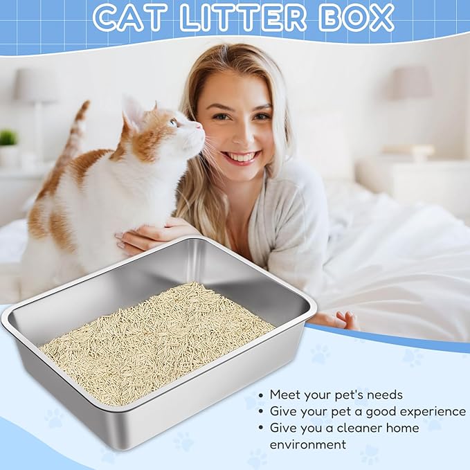 LIHONG Stainless Steel Cat Litter Box for Cat and Rabbit, Odor Control Litter Box Non Slip Rubber Feet. Odor Control, Non Stick, Never Bend 16" L x 12" W x 4" H-Mewly Pet