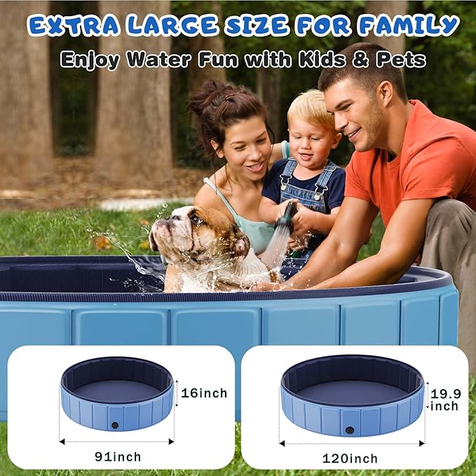 Foldable Dog Swimming Pool, Totiro 91"x16" Oversize Collapsable Hard Plastic Portable Bathing Tub for Pet Dog Kiddie Pool Indoor and Outdoor Leakproof PVC Play Pool for Large Dogs Pets Puppy Kids Blue-Mewly Pet