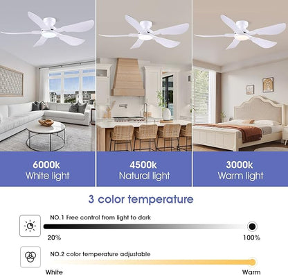 52 Inch Modern Ceiling Fans with Lights, Flush Mount Ceiling Fan with Light and Remote/APP Control, 5 Reversible 6 Speeds Curved Blades, 3 CCT Dimmable Lights for Bedroom, White