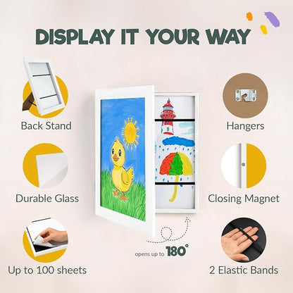 Zenacolor Kids Artwork Frames Changeable - Front-Opening to Display & Store 100 pcs - Set of 3 Kids Art Frame Includes Wall Hooks & Stand - 8.5x11cm - White