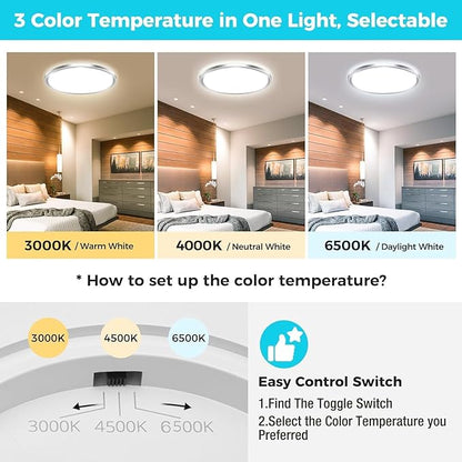 zemty 2Pack LED Ceiling Light Fixture, 6.5-Inch 12W 1200lm Small Flush Mount Light, Adjustable 3000K 4000K 6500K Color Temperatures, Round Flat Recessed Lamp for Kitchen Closet Hallway Laundry, Nickel