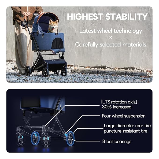 X-Fold Dog Stroller for Small/Medium Dogs up to 55 Lbs, Premium 3 in 1 Pet Stroller, Large All-Terrain Rubber Wheels, Navy Blue-Mewly Pet