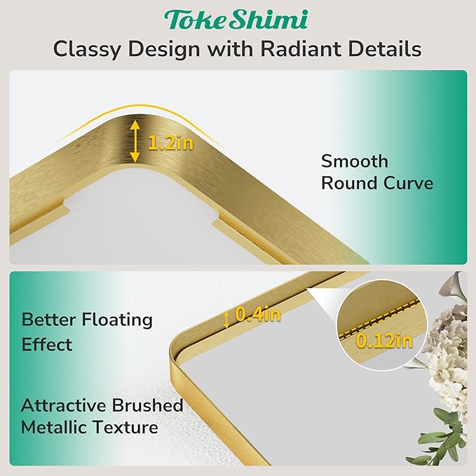 TokeShimi 24x36 Brushed Gold Bathroom Mirror,Wall Mirror for Bathroom with Tempered Glass,Gold Bathroom Vanity Mirror for Over Sink,Aluminum Framed Mirror(Horizontal/Vertical)