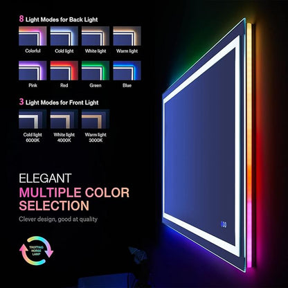 LOAAO 40"X24" LED Bathroom Mirror with Lights, Anti-Fog, Dimmable, RGB Backlit + Front Lighted, Bathroom Vanity Mirror for Wall, Memory Function, Tempered Glass (Safe to Use)