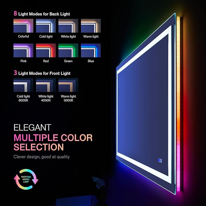 LOAAO 48"X40" LED Bathroom Mirror with Lights, Anti-Fog, Dimmable, RGB Backlit + Front Lighted, Bathroom Vanity Mirror for Wall, Memory Function, Waterproof, Tempered Glass