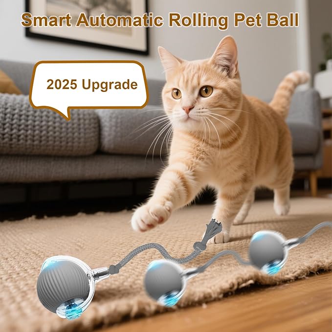 Interactive Cat Toy, 2025 New Interactive Rolling Cats Dog Toy Balls 360° Smart Automatic Rolling Pet Ball, Fast Moving Toy for Dog,Cat Ball Toy (Grey)-Mewly Pet