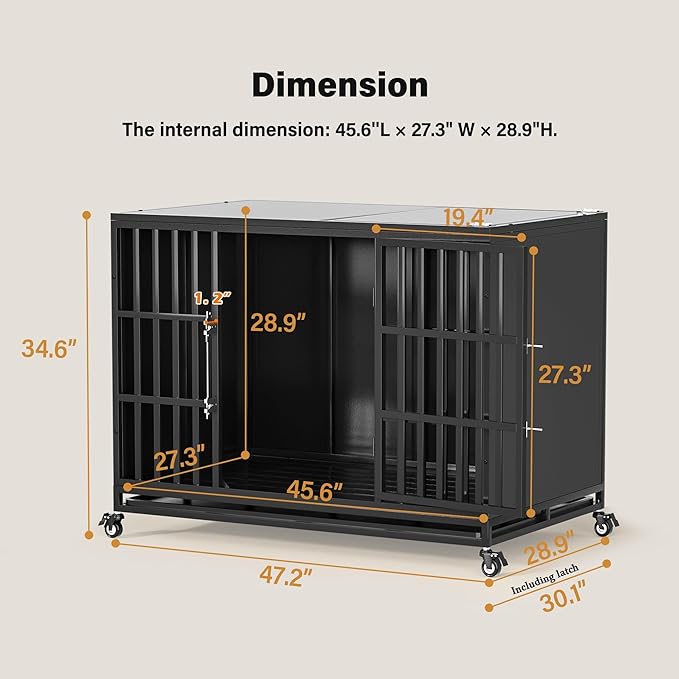 48 inch Heavy Duty Dog Crate with Self-Locking Latch, Indestructible Large Steel Kennel with Enclosed Design, Escape-Proof and Chew-Proof Pet Cage for High Anxiety Dogs-Mewly Pet
