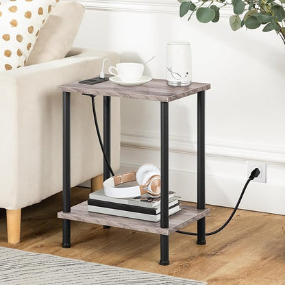 HOOBRO Side Table with Charging Station, Set of 2 End Tables with USB Port and Outlets, Nightstand with 2-Layer Storage Shelves for Small Spaces, Living Room, Bedroom, Greige and Black BG09UBZP201