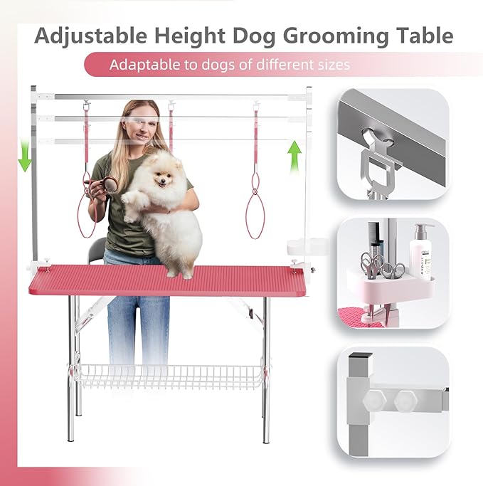 VFK 47'' Large Dog Grooming Table Stainless Steel Foldable Grooming Table for Dogs at Home Adjustable Height Arms Pet Station with Nooses, Mesh Tray, Tool Organizer-Mewly Pet