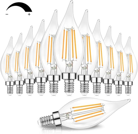 Dimmable E12 Candelabra LED Bulbs 60 Watt Incandescent Equivalent, 2700K Warm White, Clear Filament LED Chandelier Light Bulbs 6W, 600lm, CA11 Vintage Ceiling Fan Light Bulb with Flame Tip, 12-Pack