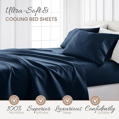 Linen Market Double-Brushed Microfiber California King Sheet Set 4 Piece – Oeko-TEX Certified Ultra Soft & Wrinkle-Free - 16" Deep Pocket Sheets Easy Care Cal-King Size - Navy