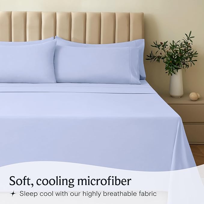 LuxClub 4 PC Sheet Set Bed Sheets Deep Pockets 16" Eco Friendly Wrinkle Free Cooling Machine Washable Hotel Bedding Silky Soft - Sky Blue Full