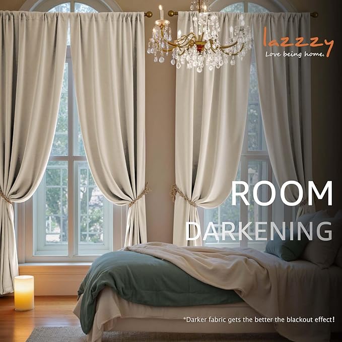 Lazzzy Velvet Blackout Curtains Thermal Insulated Room Window Drapes Super Soft Luxury Curtains for Living Room Bedroom Rod Pocket 2 Panels, Beige, 62" W x 96" L