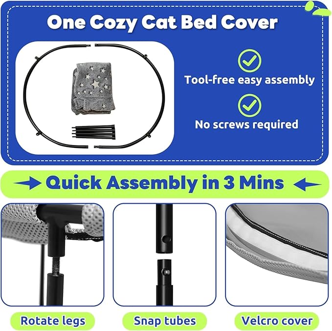 Elevated Cat Bed, Glow-in-The-Dark Fabric Cat Hammock Bed for Large Indoor Cats, Machine Washable & Breathable Cover, Tool Free Easy Assembly, up to 66Lbs (Gray, L)-Mewly Pet