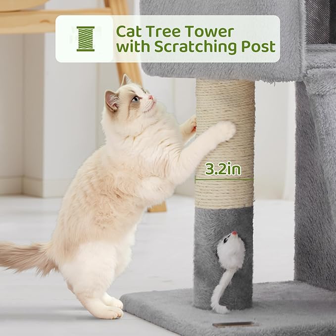 24inch Tall cat Tree with 2 cat condo and Mouse Toy Cozy Small cat Tower with Scratching Post and Board for Kitties and Small Cats.（Light Grey）-Mewly Pet