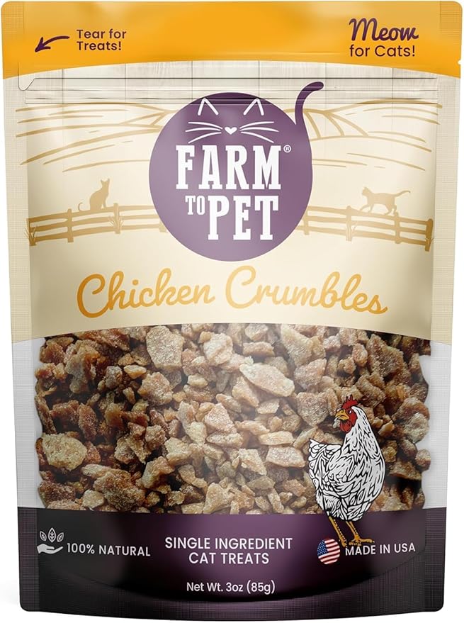 Farm To Pet - Cat Treat Crumbles - 3 oz Single Ingredient Chicken Treat and Snacks - Healthy for Indoor Cats and Kitten - Essential Products (Mix with Wet/Dry Food)-Mewly Pet