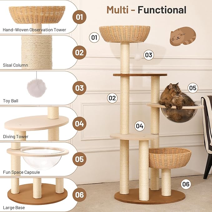 Rattan Cat Climbing Tower Condo with Scratching Post,Capsule,Basket,and Bed Modern Heavy Duty Cat Tree for Indoor Cat Large Adult-Mewly Pet